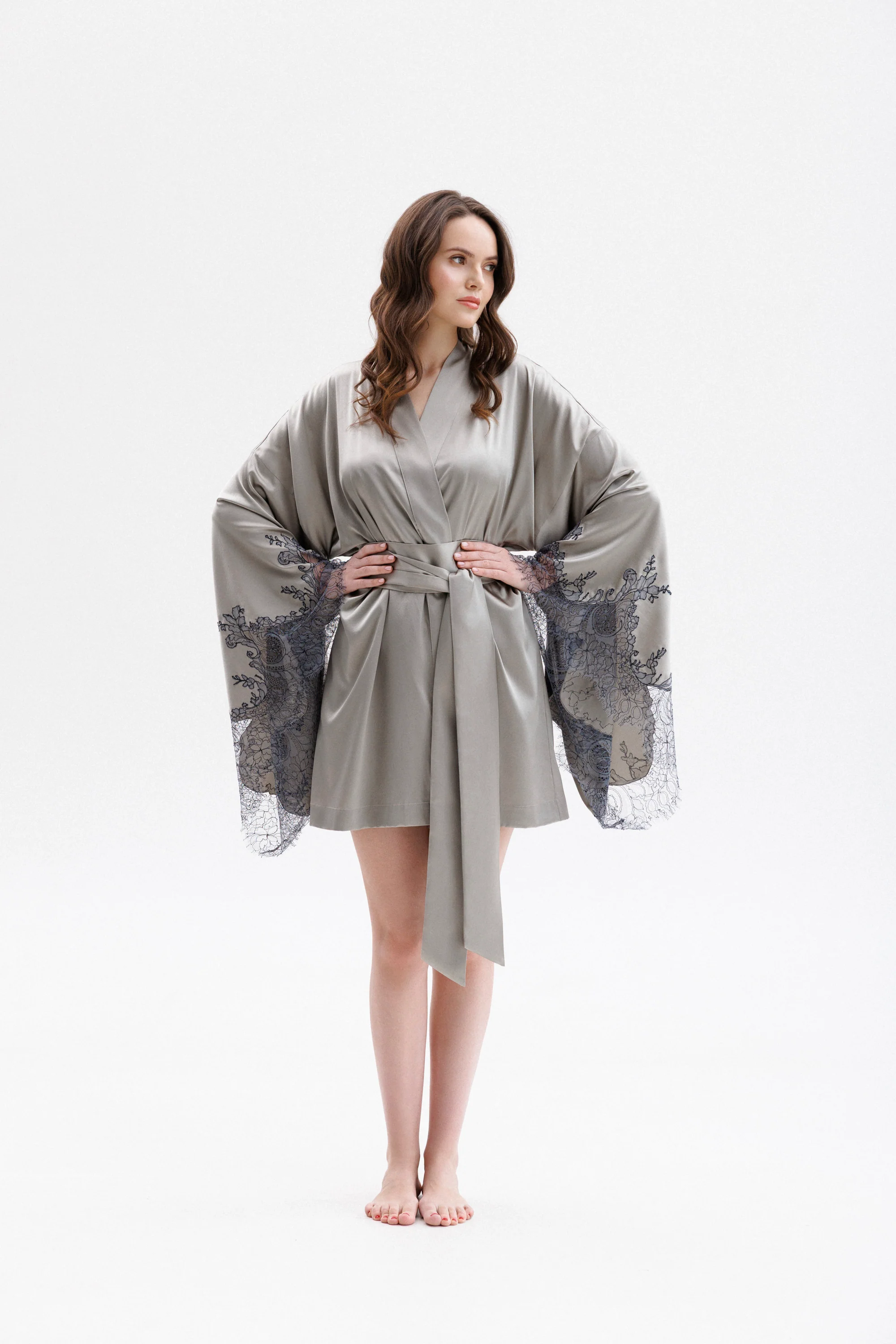 Short Silk Kimono in Grey with Anthracite  Leavers Lace
