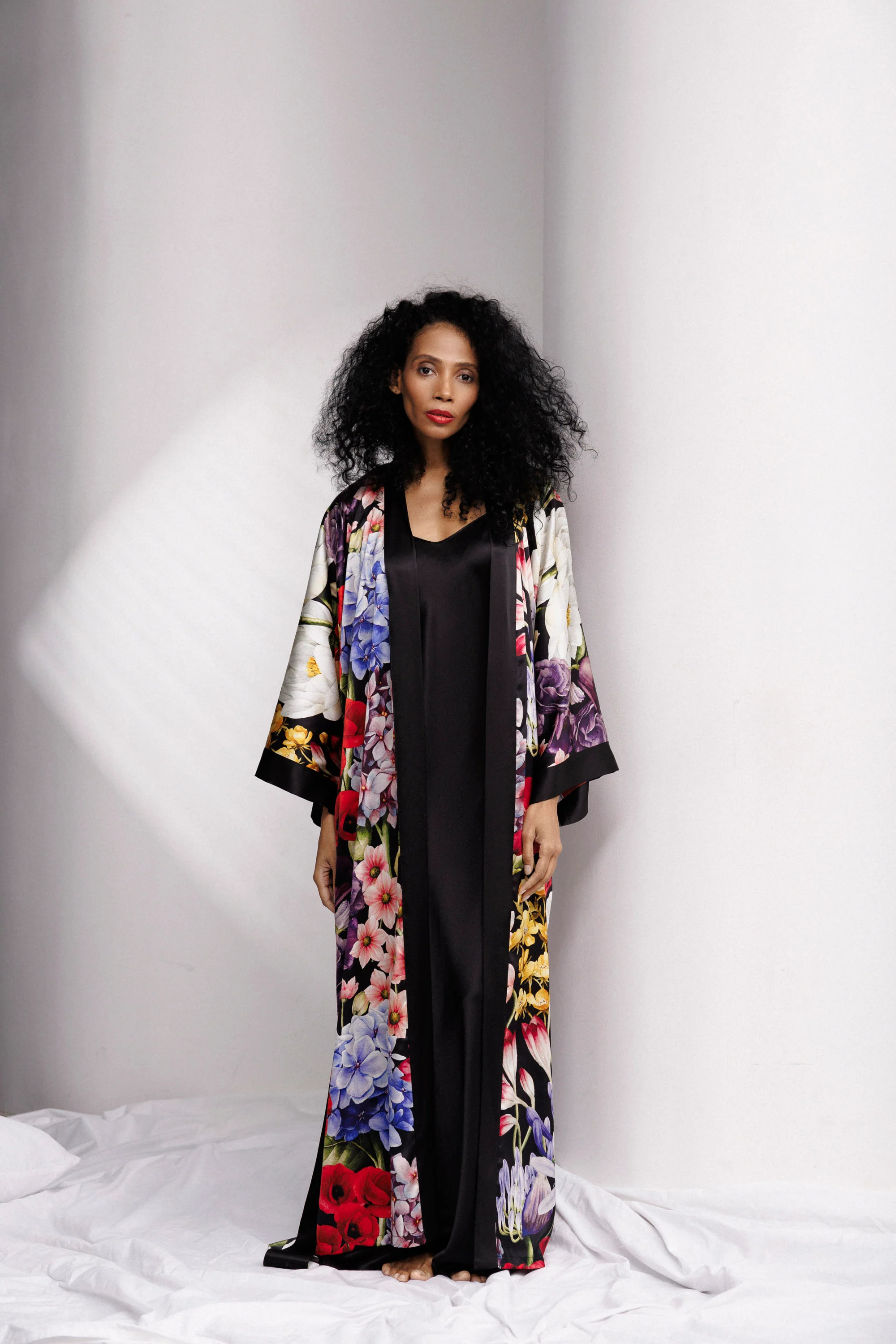Wild Bloom Long Robe in Black