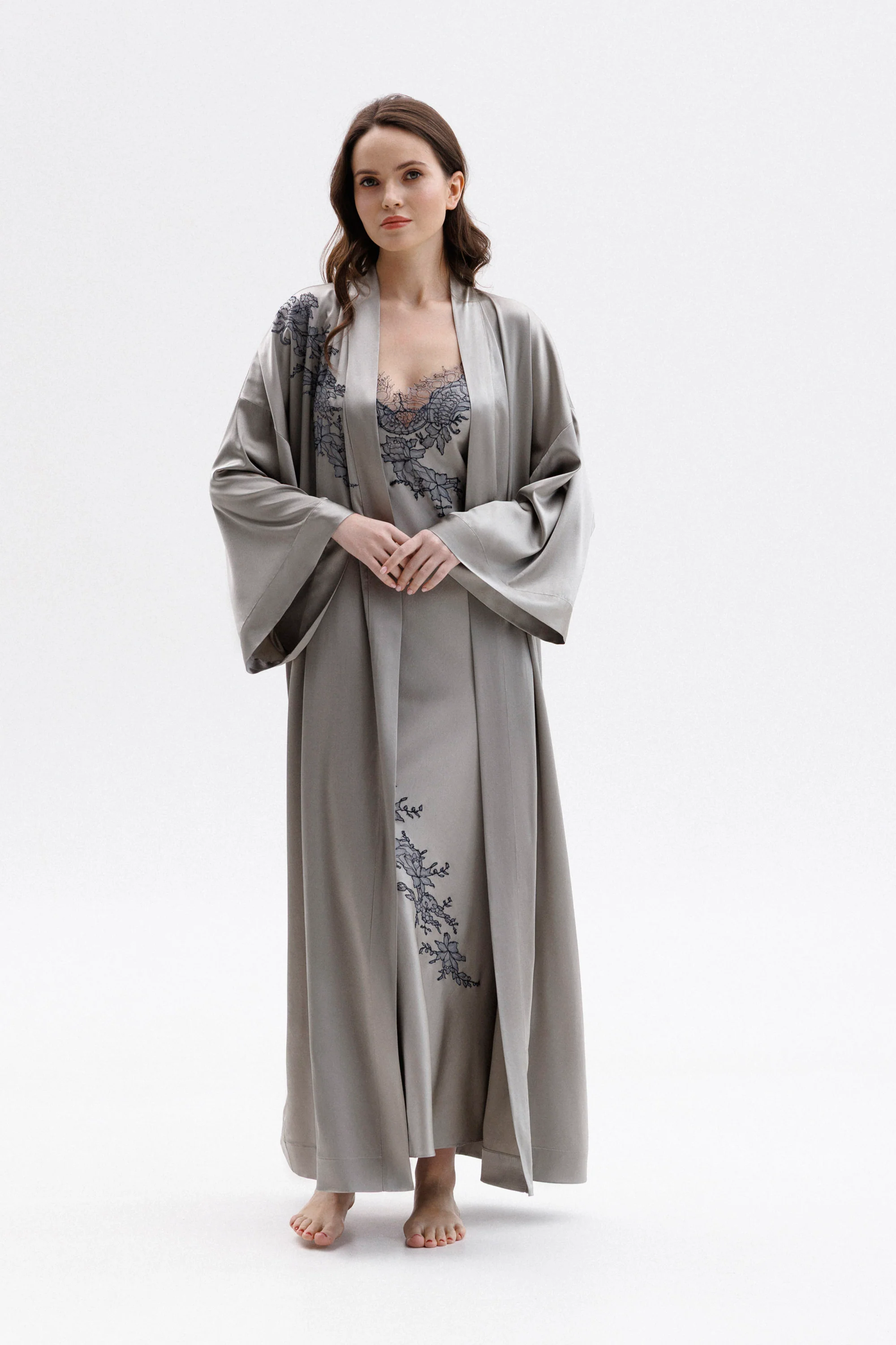 Long Silk Kimono in Grey with Anthracite Leavers Lace