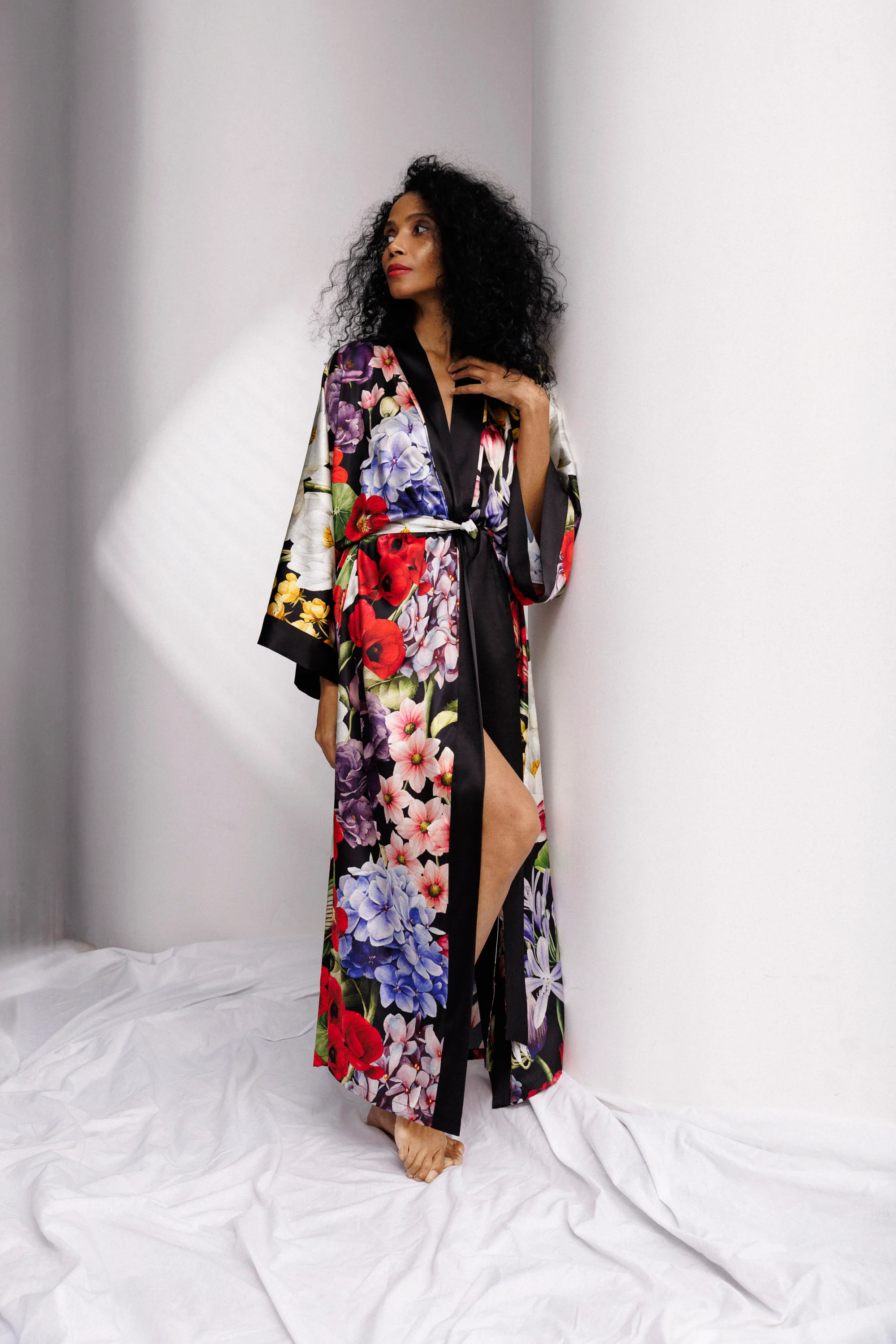 Wild Bloom Long Robe in Black