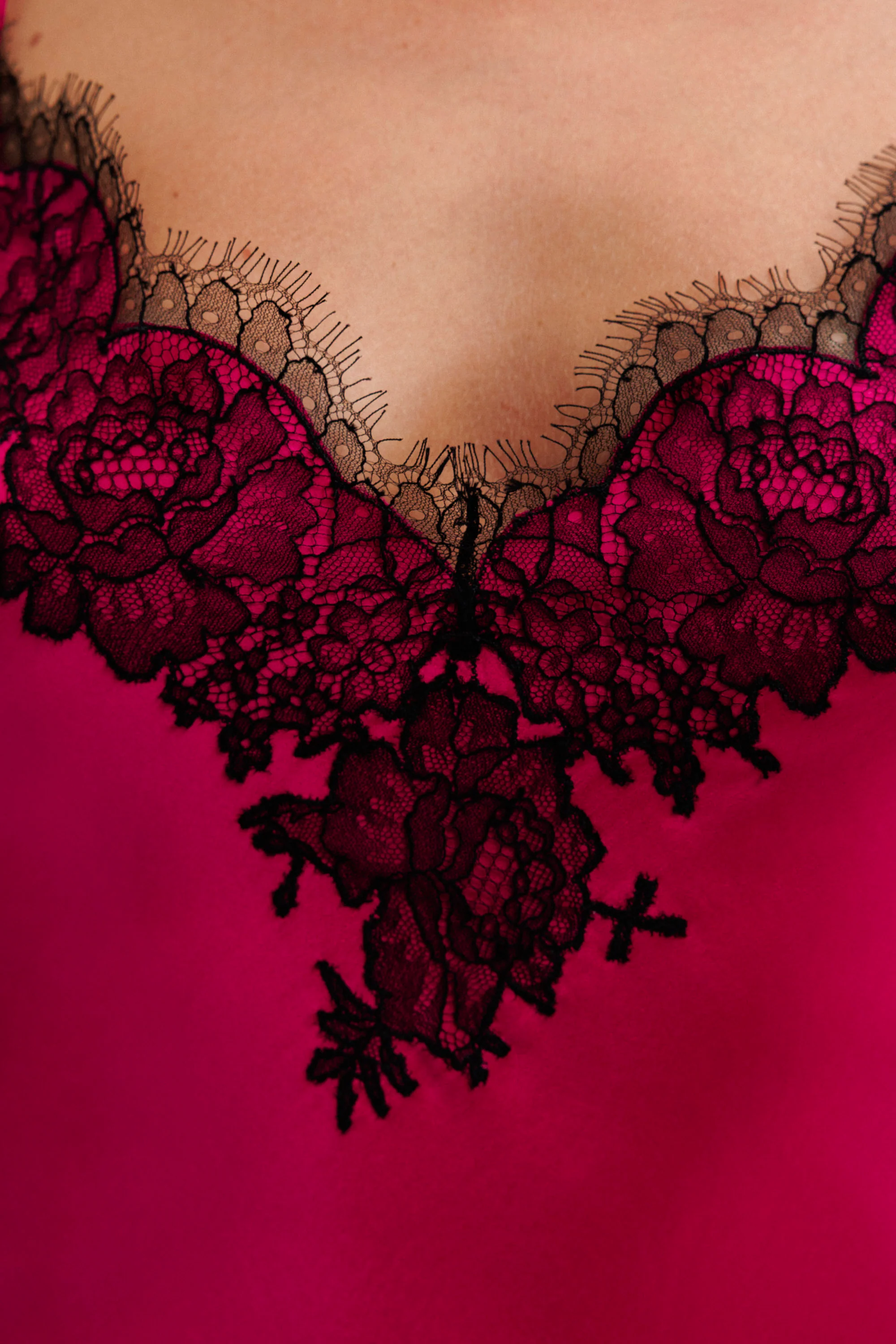 Veloura Long Silk Slip Dress in Fuchsia with Black Caudry Lace