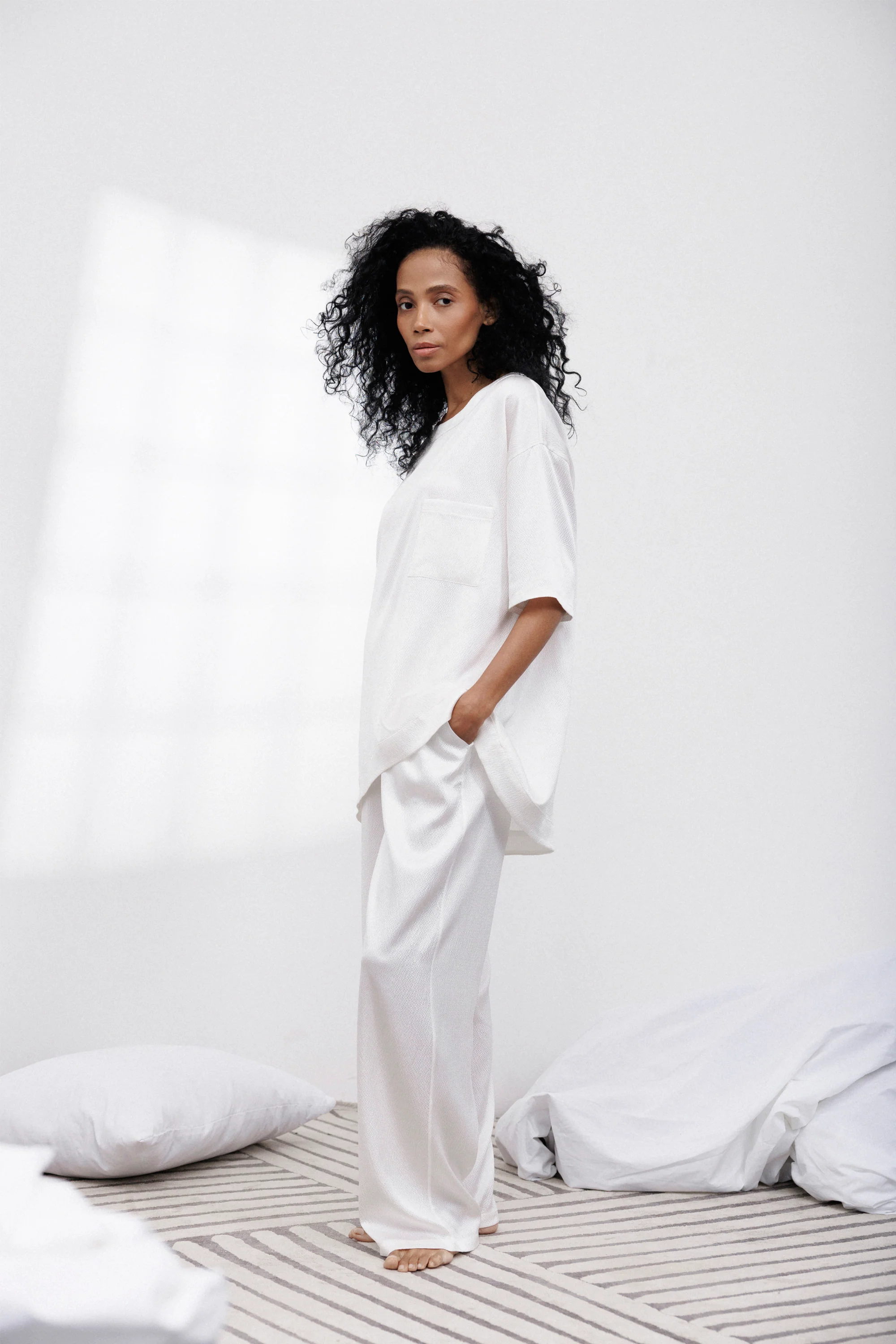 Bubble Silk Relaxed Pants in Off-White