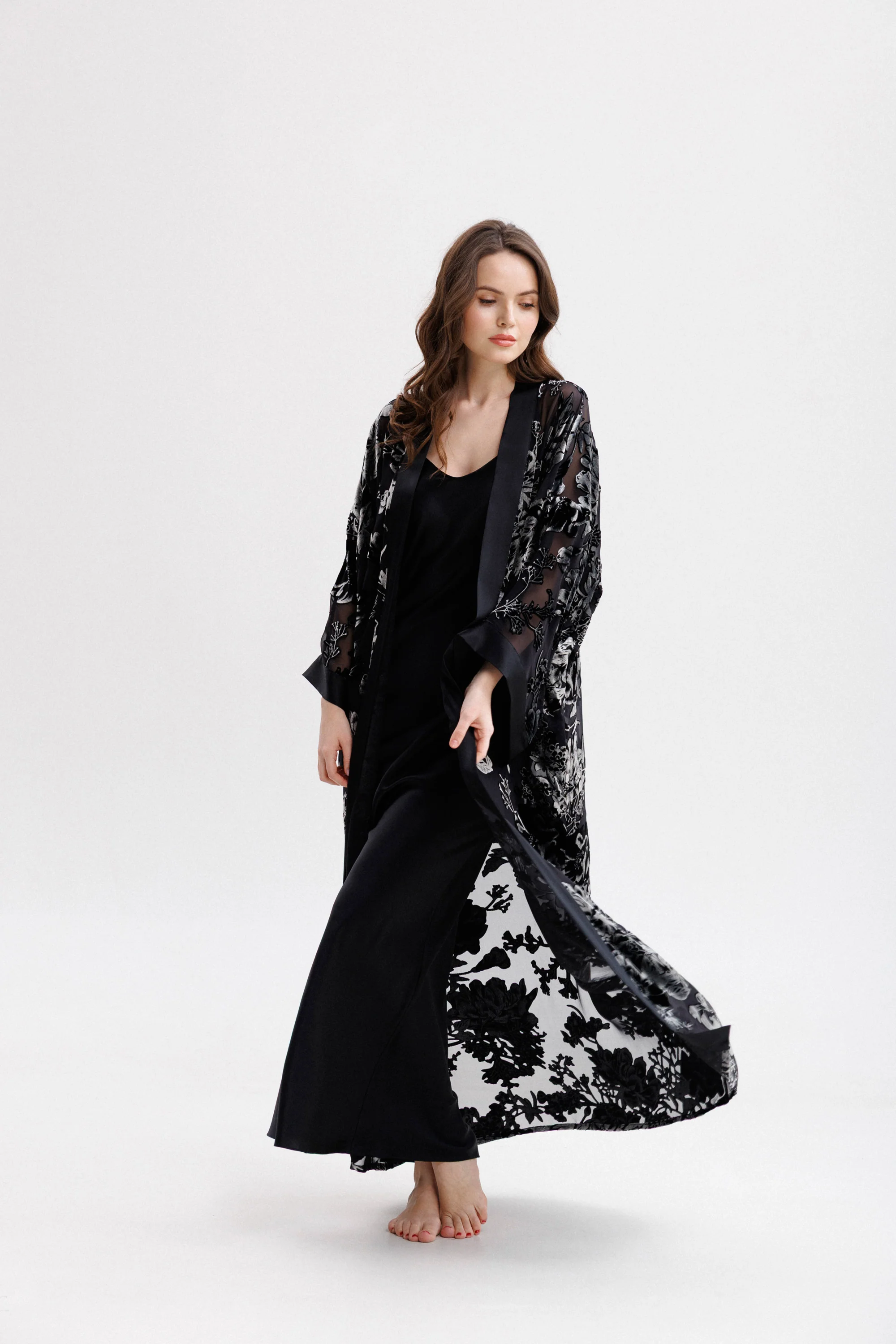Long Silk Velvet Robe in Black