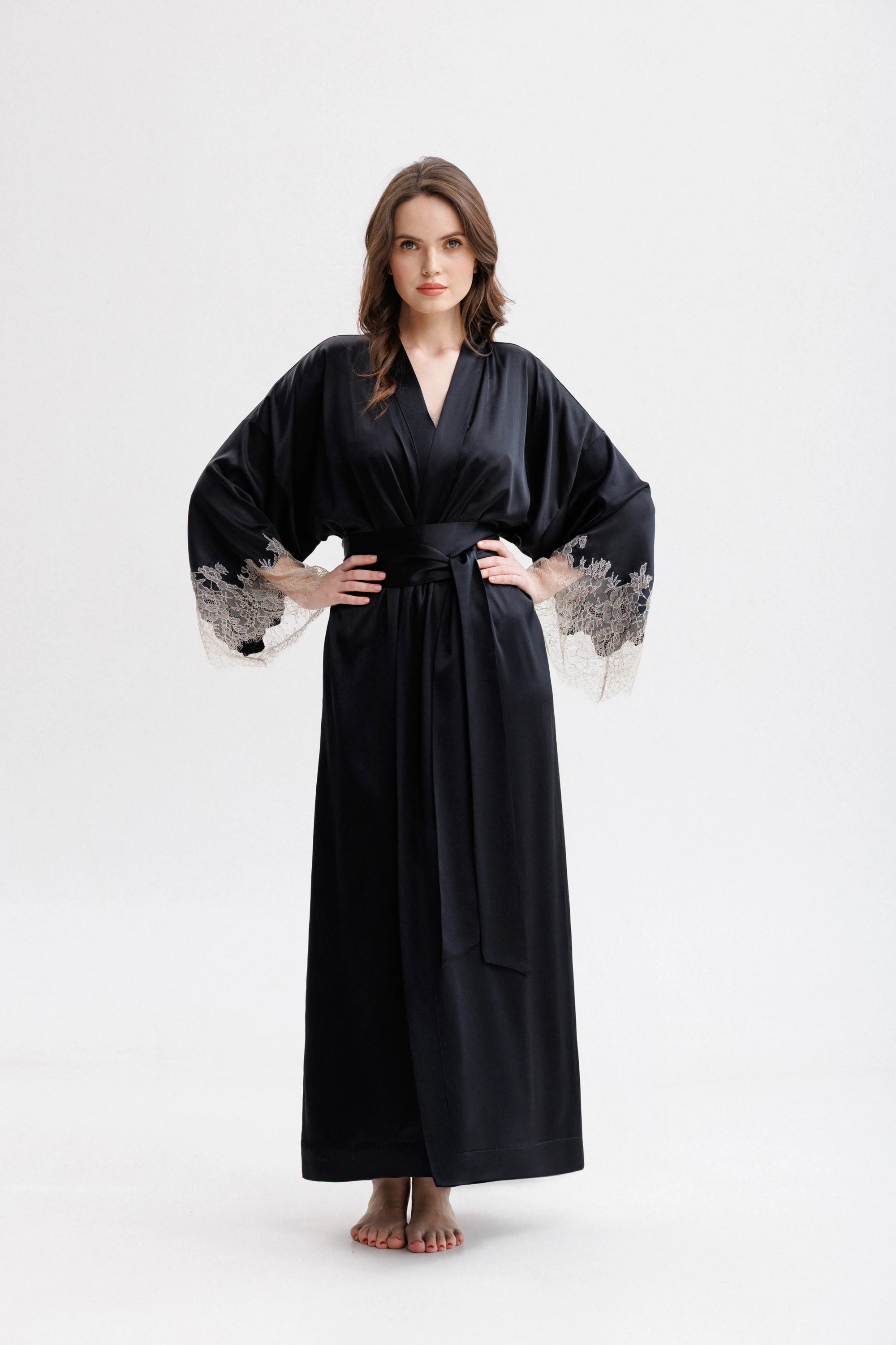 Long Silk Kimono in Black with Nude Caudry Lace