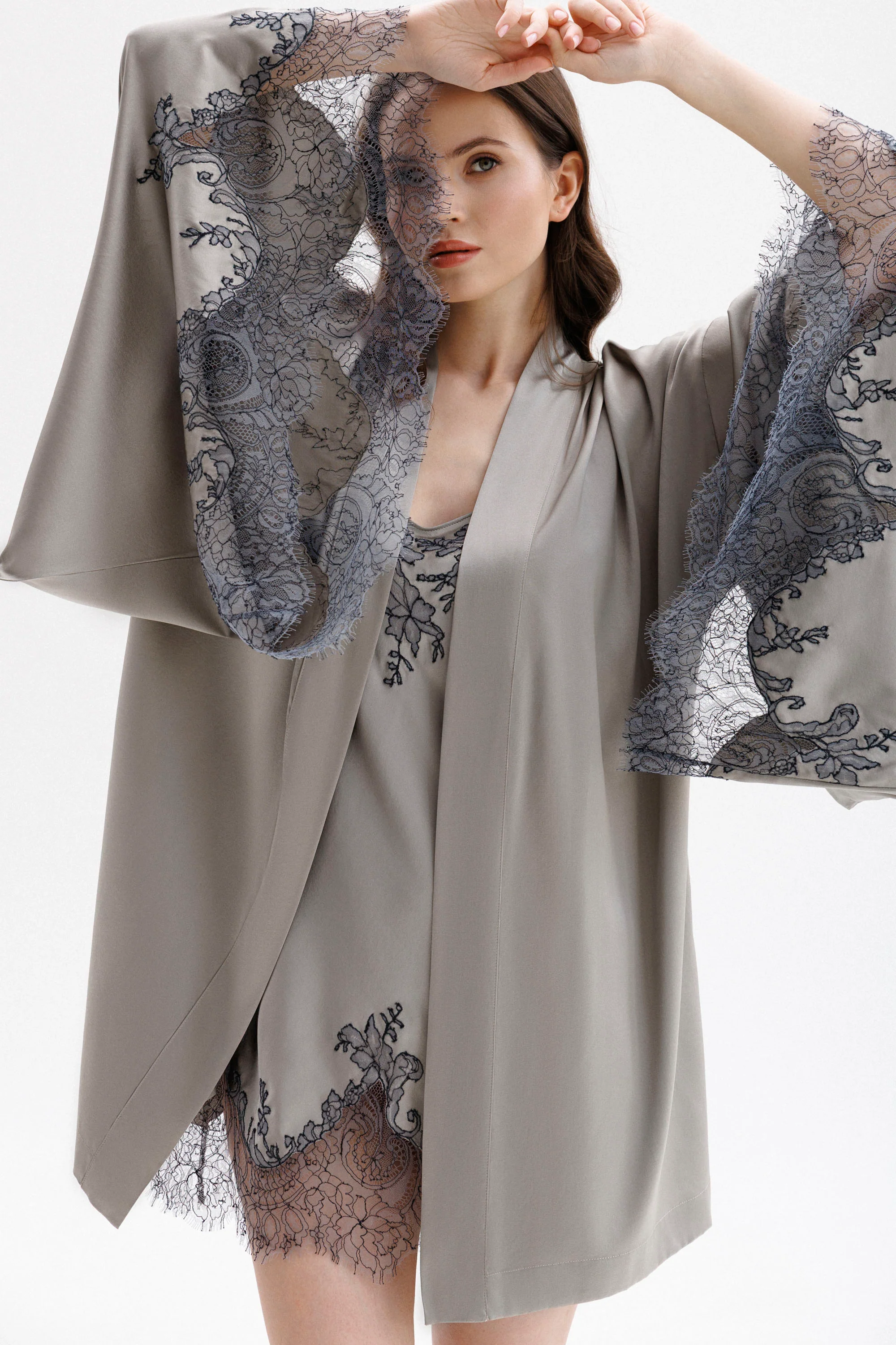 Short Silk Slip Dress in Grey with Anthracite Leavers Lace