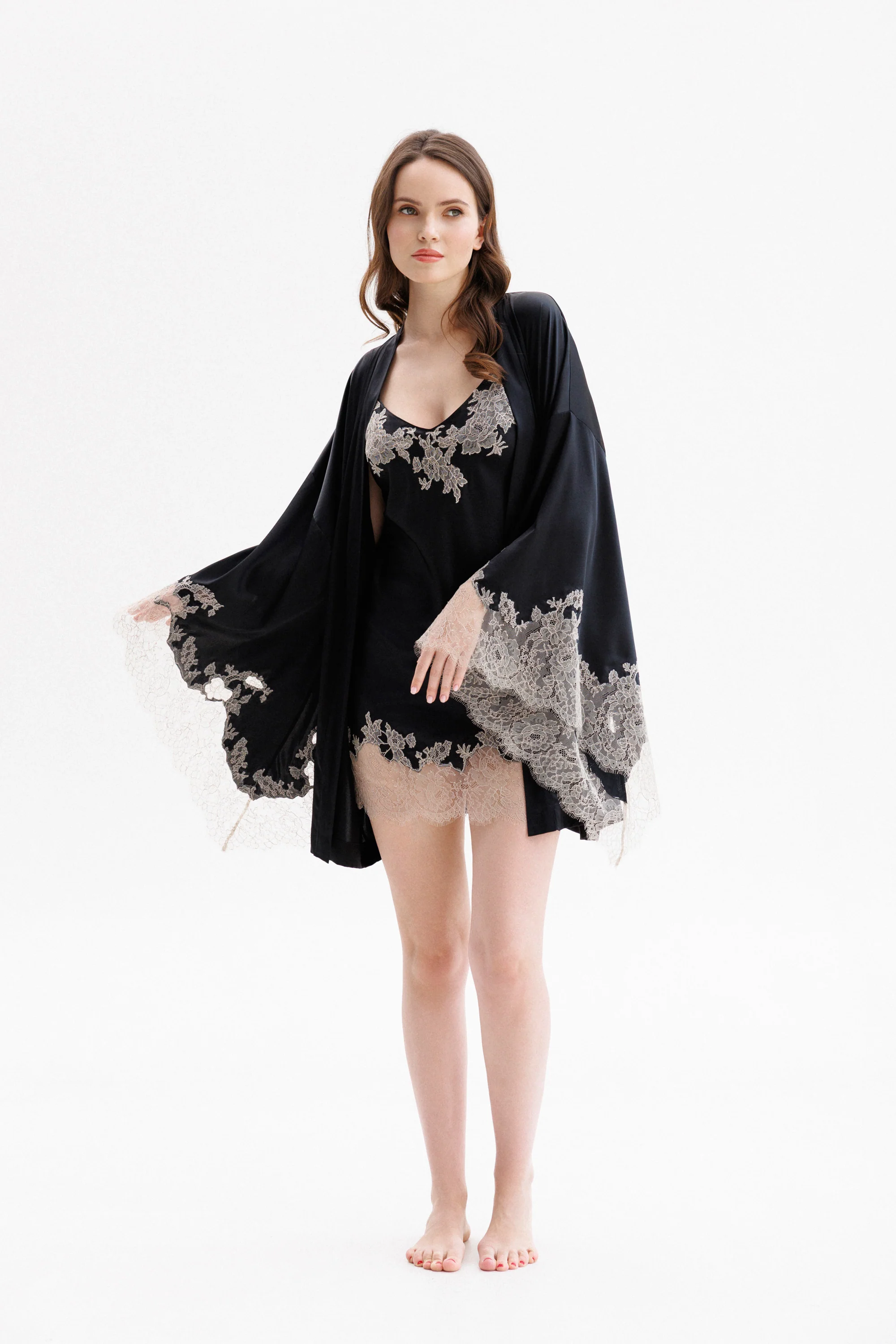 Short Silk Slip Dress in Black with Nude Caudry Lace