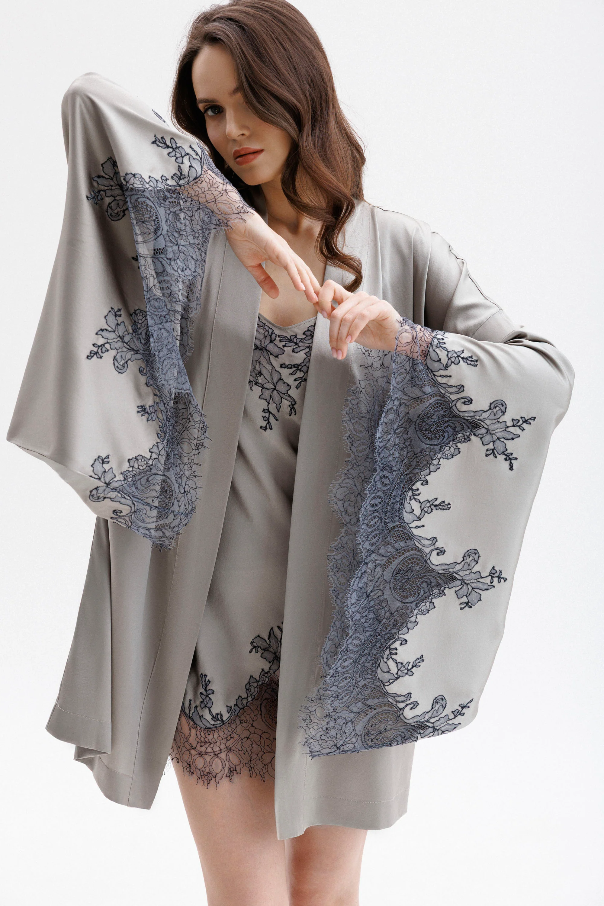 Short Silk Kimono in Grey with Anthracite  Leavers Lace