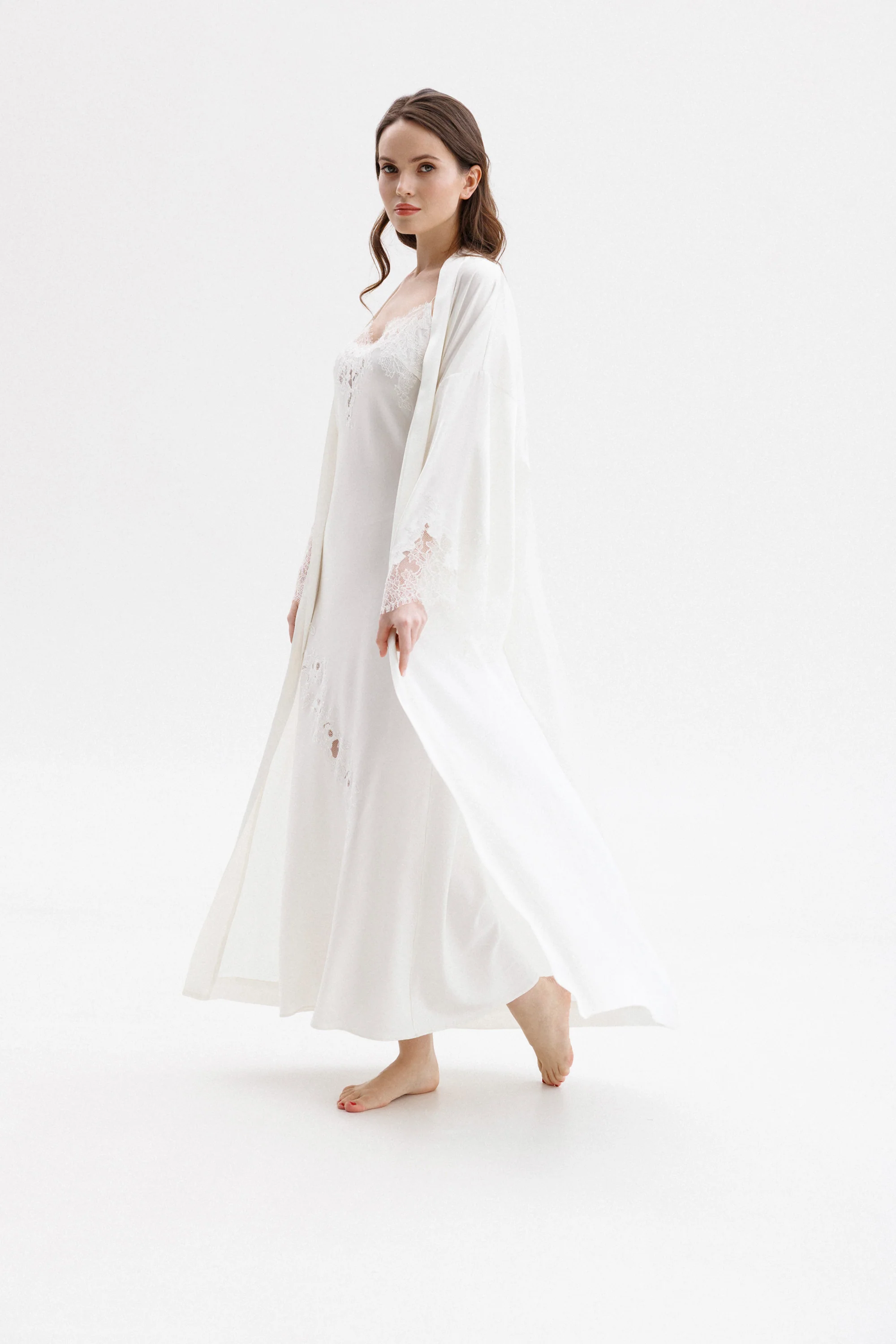 Long Silk Kimono in Ivory with Ivory Caudry Lace