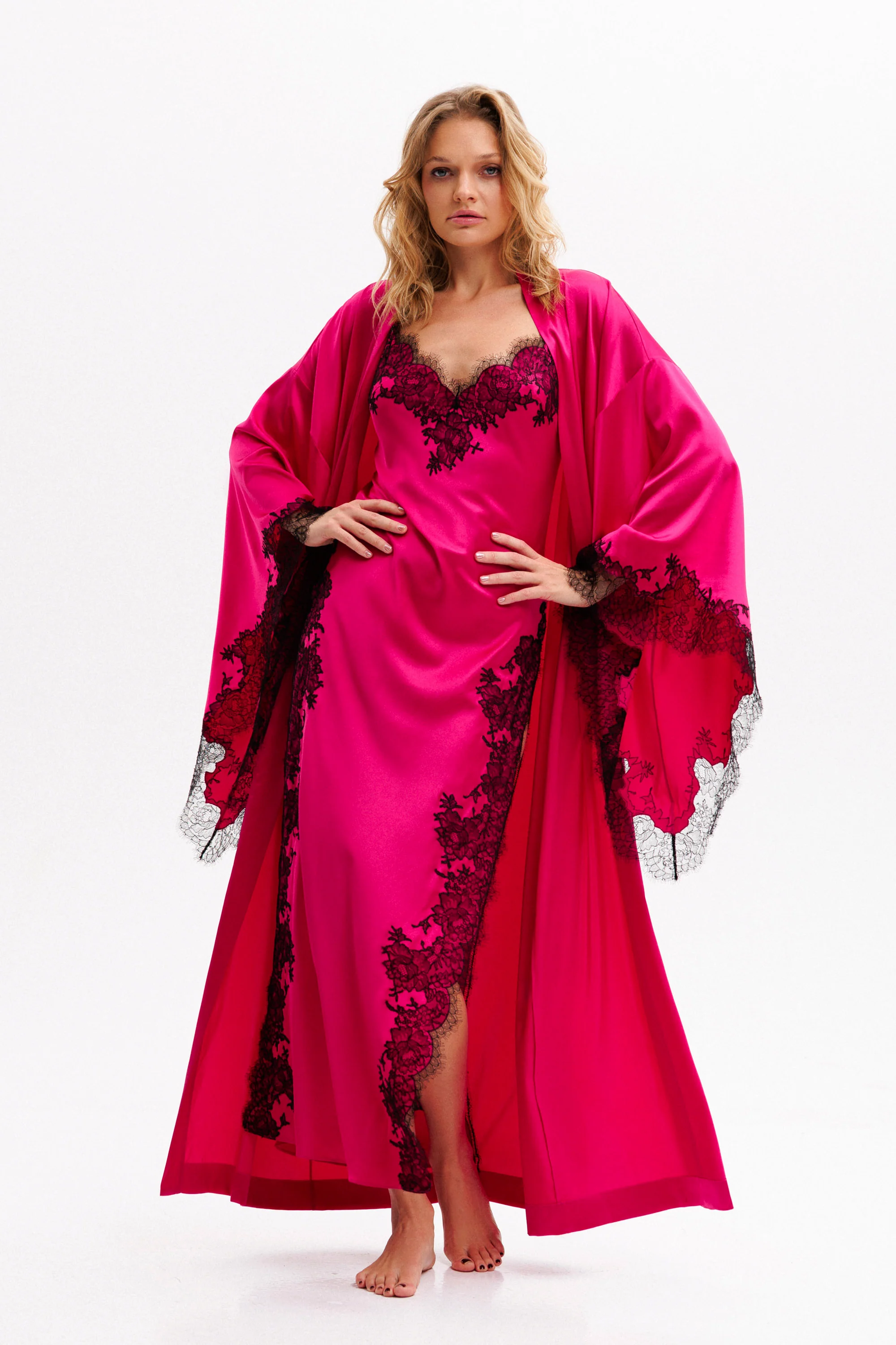 Veloura Long Silk Kimono in Fuchsia with Black Caudry Lace