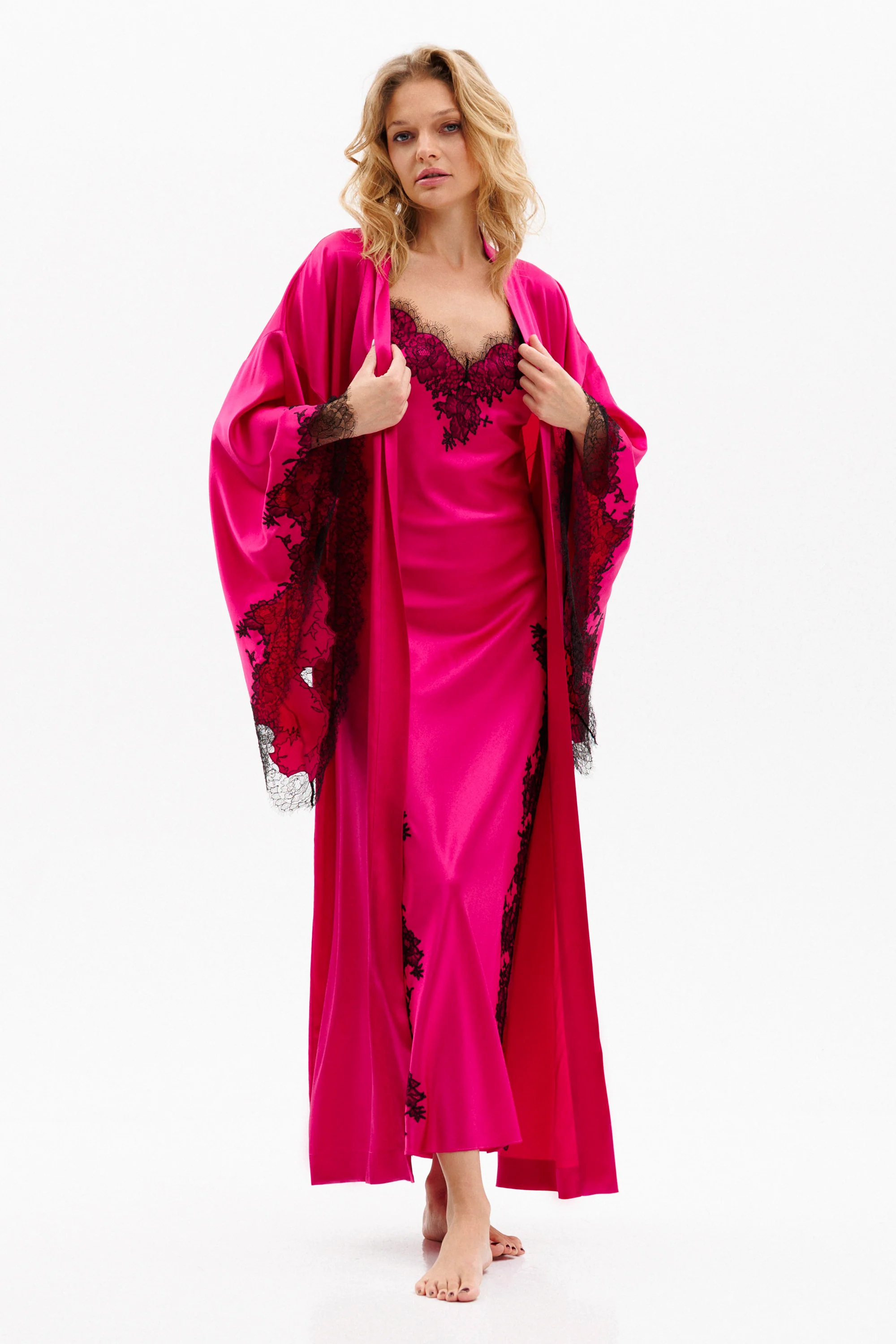 Veloura Long Silk Kimono in Fuchsia with Black Caudry Lace