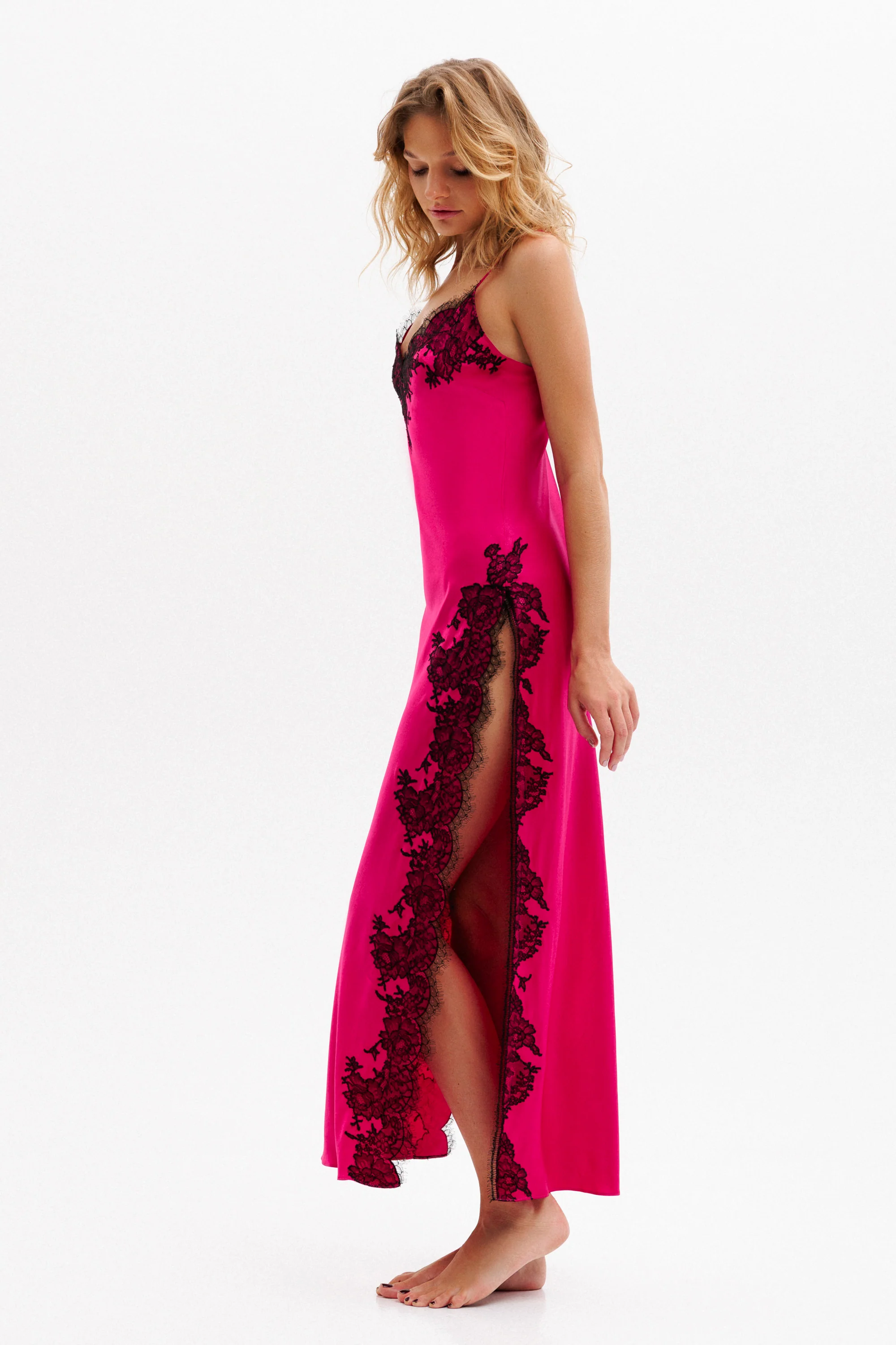 Veloura Long Silk Slip Dress in Fuchsia with Black Caudry Lace