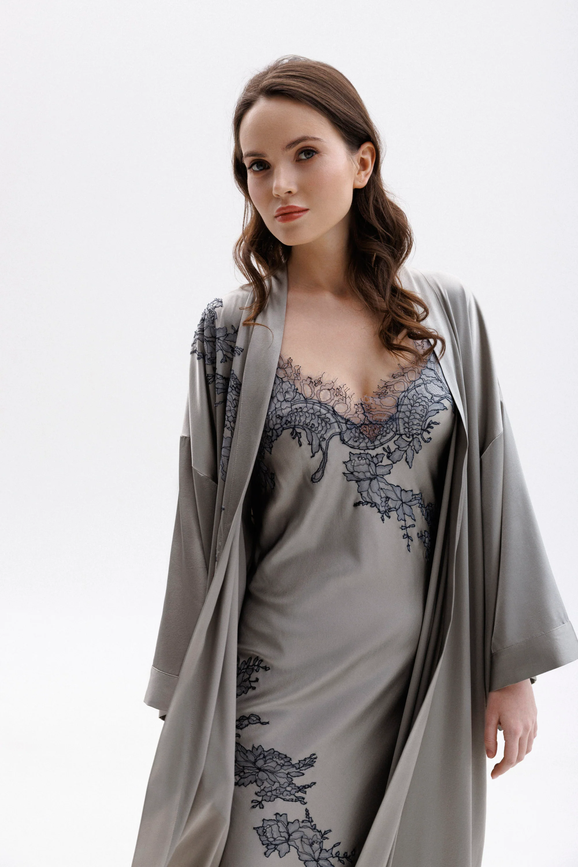 Long Silk Kimono in Grey with Anthracite Leavers Lace