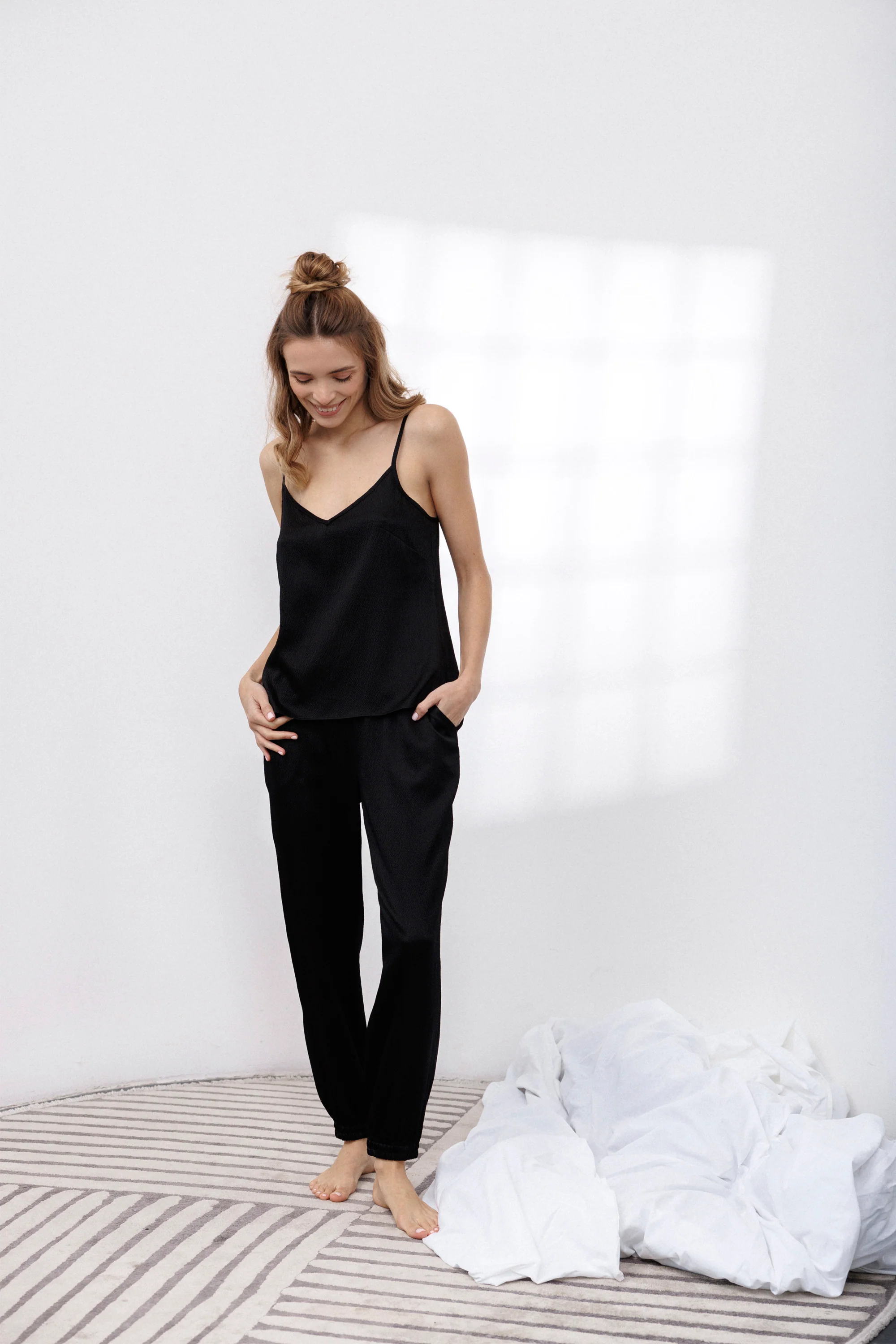 Bubble Silk Camisole and Pants Set in Black