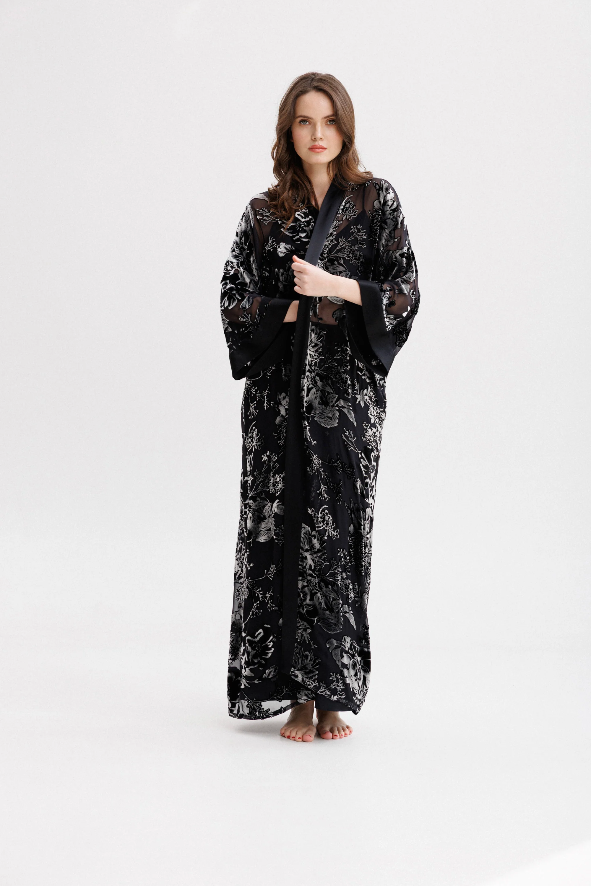 Long Silk Velvet Robe in Black